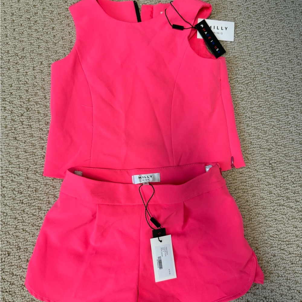 NWT Milly Minis Hot Pink Petal Short and Cady Seamed Top Matching Set Sz 4T